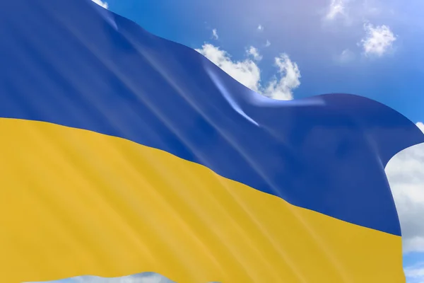 3D renderização da bandeira da Ucrânia acenando no fundo do céu azul — Fotografia de Stock