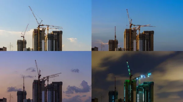 4 Moments du Jour à la Nuit Vue du chantier dans le centre-ville Photos De Stock Libres De Droits