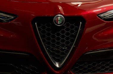 Toronto, Kanada - 2018-02-19: Muhteşem ızgara yeni 2018 Alfa Romeo Stelvio Premium Suv Alfa Romeo otomobil S.p.A. 2018 Kanada Uluslararası Autoshow Fuar üzerinde görüntülenen