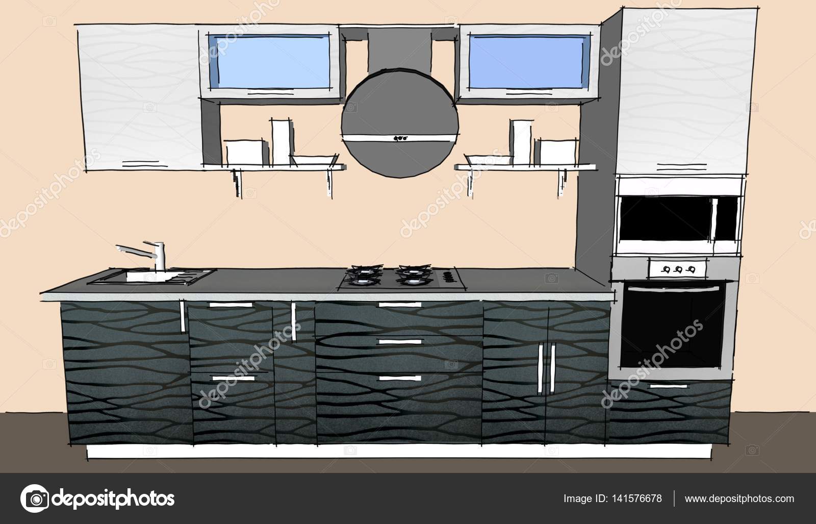 Esbo Ar O Desenho 3d Interior Moderna Cozinha Cinza Com Arm Rios Esbo Ar O Desenho 3d Interior Moderna Cozinha Cinza Com Arm Rios