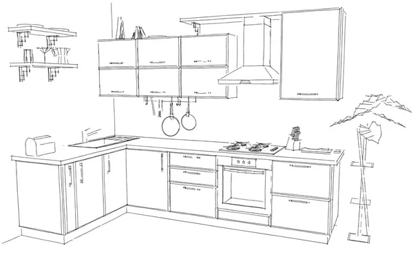 Modern corner kitchen contour sketch black and white. 3d illustration.