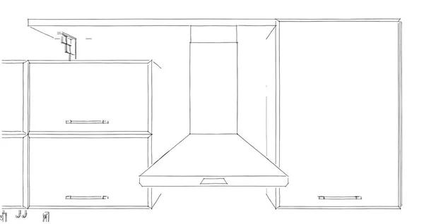 Kitchen hood with cabinets and shelf outline sketch. Front view.