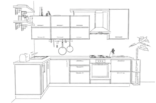 Modern corner kitchen contour sketch black and white. Freehand illustration. Front view