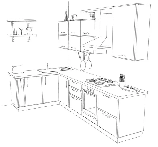 Modern corner kitchen contour sketch black and white. 3d pencil illustration.