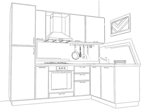 Modern corner kitchen interior pencil drawing.