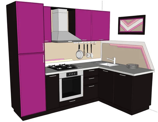 Hand drawn illustration of bright lilac and brown corner kitchen interior with built in fridge