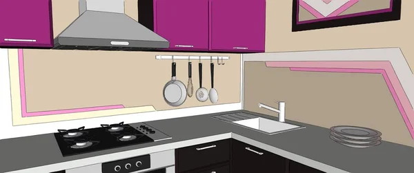 Contemporary violet and brown kitchen corner with hood, cook top, sink and wall pot rack