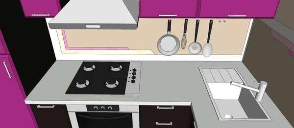 3d illustration of purple and brown kitchen corner with appliances. Top view