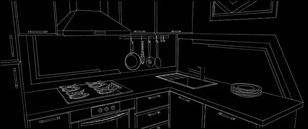 Sketch of kitchen corner with sink, wall pot rack, fume hood, cooktop over black background