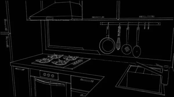 Contour black and white illustration of kitchen corner with sink, wall pot rack, chimney hood and gas hob.