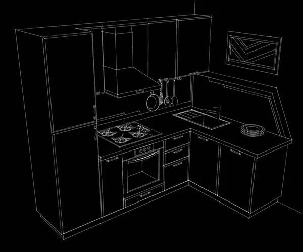 Black and white hand drawn illustration of small corner kitchen with built in fridge.