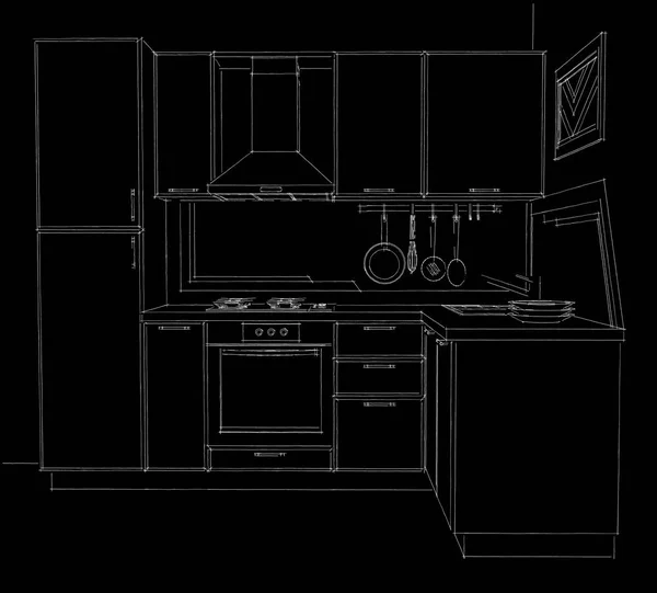 Contour sketch illustration of modern corner kitchen black and white.