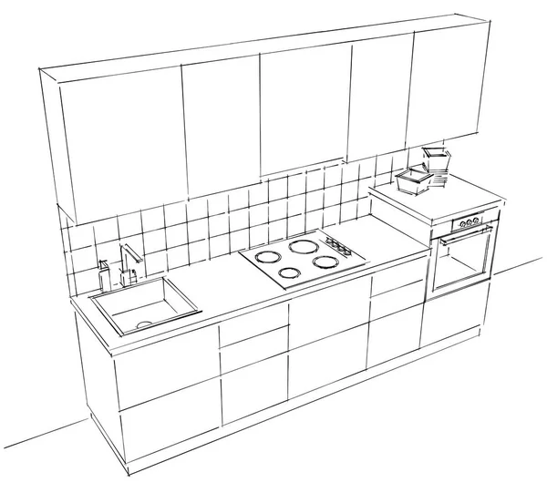 Top perspective view of ultra modern kitchen silhouette.