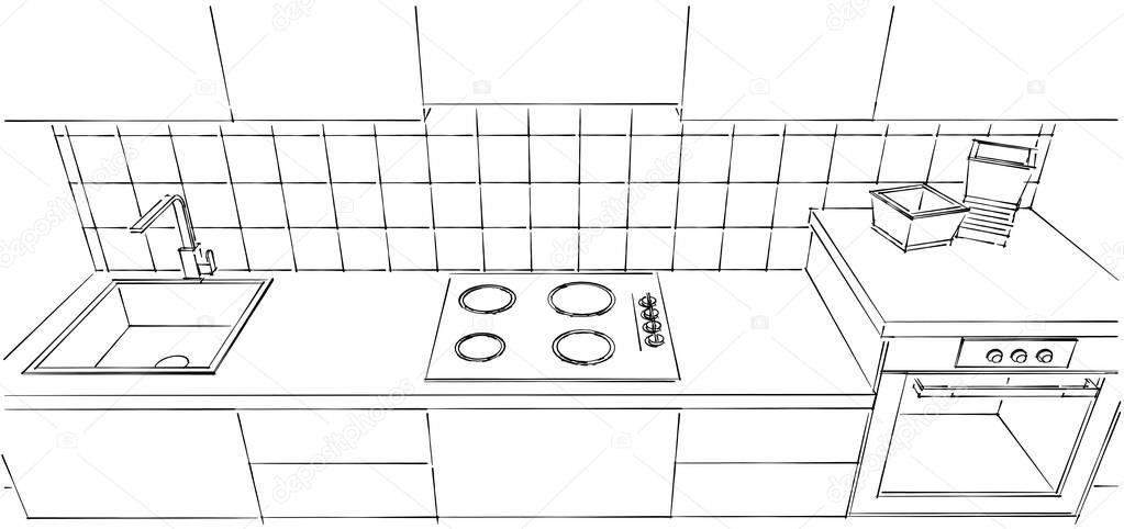 Small kitchen counter close up. Tap, sink, built in induction cooker