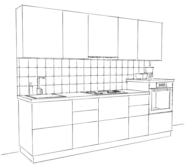 Black and white sketch of modern corner kitchen interior with tile splash back.
