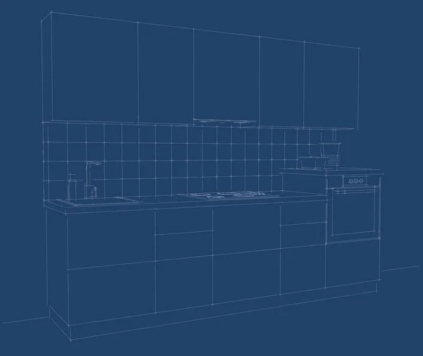 Layout of small kitchen perspective on blue background.