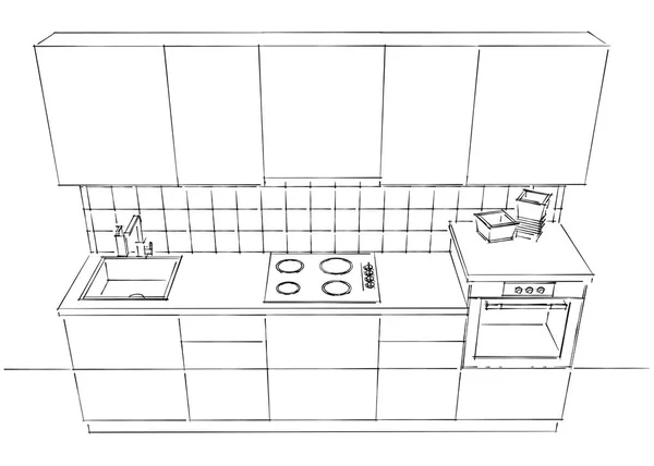 Contour sketch illustration of modern kitchen black and white.