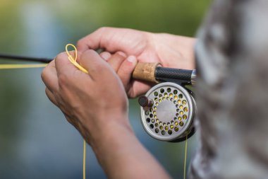 sinek balıkçı bir nehir üzerinde çubuk döküm