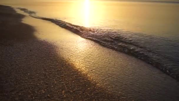 Die Wellen, die bei Sonnenuntergang auf den Kieselsteinen plätschern. — Stockvideo