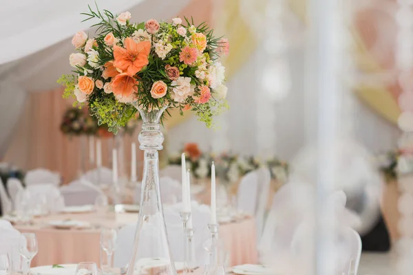 Beautiful flowers on table in wedding day