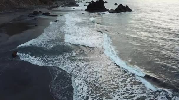 Antenne der Meereswellen auf einem schwarzen Basaltfelsen und am Strand von Teneriffa — Stockvideo