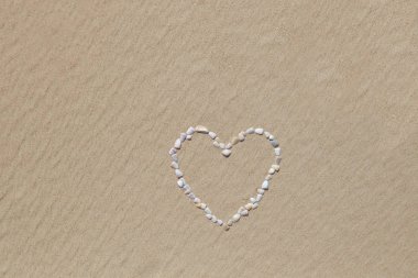 Plaj. kum. kum üzerinde yazıt. bir kalp. deniz kabuklarını