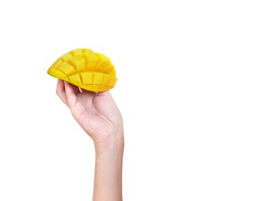 Mango elinde. Beyaz arka plan. meyve mango