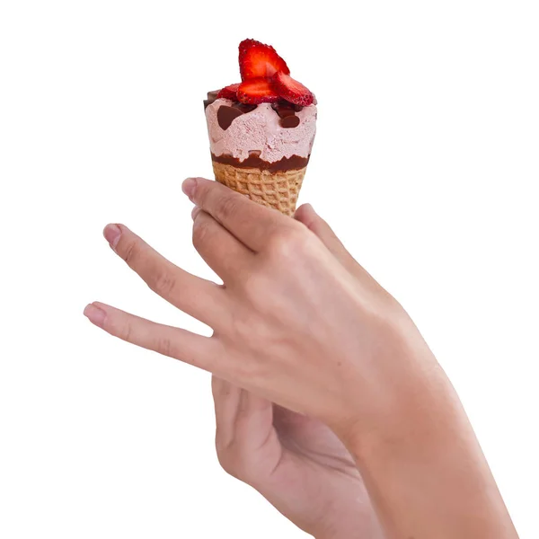 Fresas con helado. helado de chocolate en la mano. Blanco — Foto de Stock