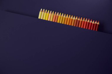 Mor bir arka plan üzerinde renkli kalemler. Güzel kompozisyon