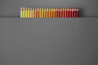 Gri bir arka plan üzerinde renkli kalemler. Güzel kompozisyon 