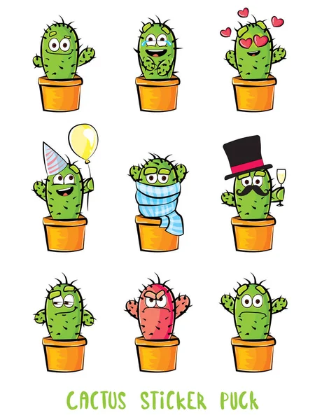 Roztomilé kaktus kreslený znaky sady. Emoji — Stockový vektor