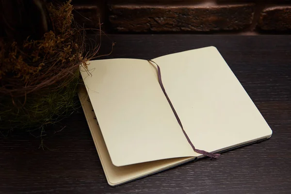 Open schetsboek liggen houten tafel. Een bloem in een pot. werkruimte — Stockfoto