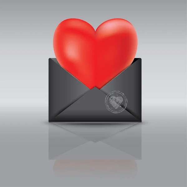 An open black envelope. Red heart — Stock Vector