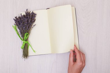 Lavanta masanın üzerinde arka plan üstten görünüm kadar sahte. Açık karalama defteri. n