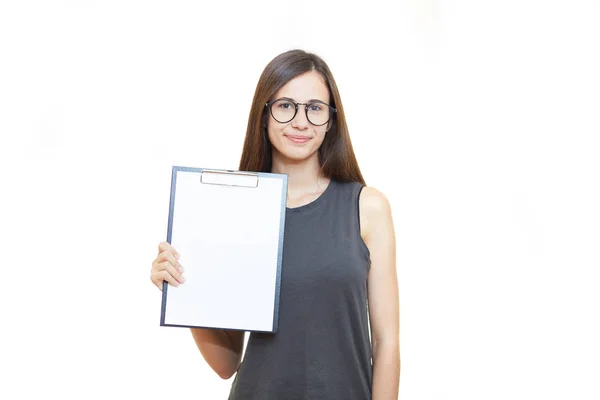 Porträtt av glada leende kvinna i glas isolerade på vita bac — Stockfoto