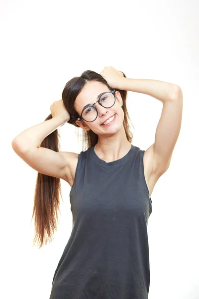 Retrato de jovem sorridente em óculos isolados sobre branco b — Fotografia de Stock