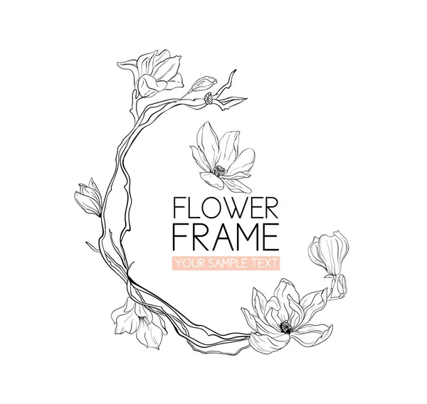 Wreath Magnolia flower drawing and sketch with black and white line-art. — Stock Vector