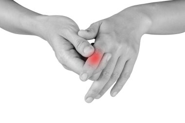 Kadınlar vardır inflamasyon ve şişlik neden beyaz arka plan üzerinde izole bir ağrı yaralandı acı parmak.