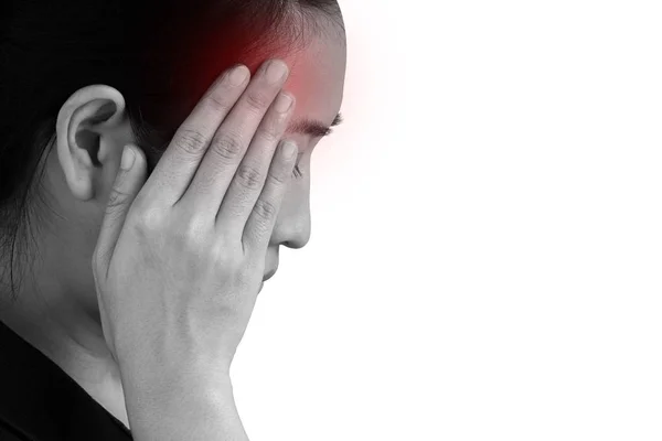 Donne ha infiammazione e gonfiore causano un dolore il mal di testa, isolato su sfondo bianco . — Foto Stock