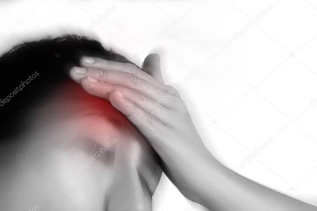 women has inflammation and swelling cause a pain the headache, isolated on white background.