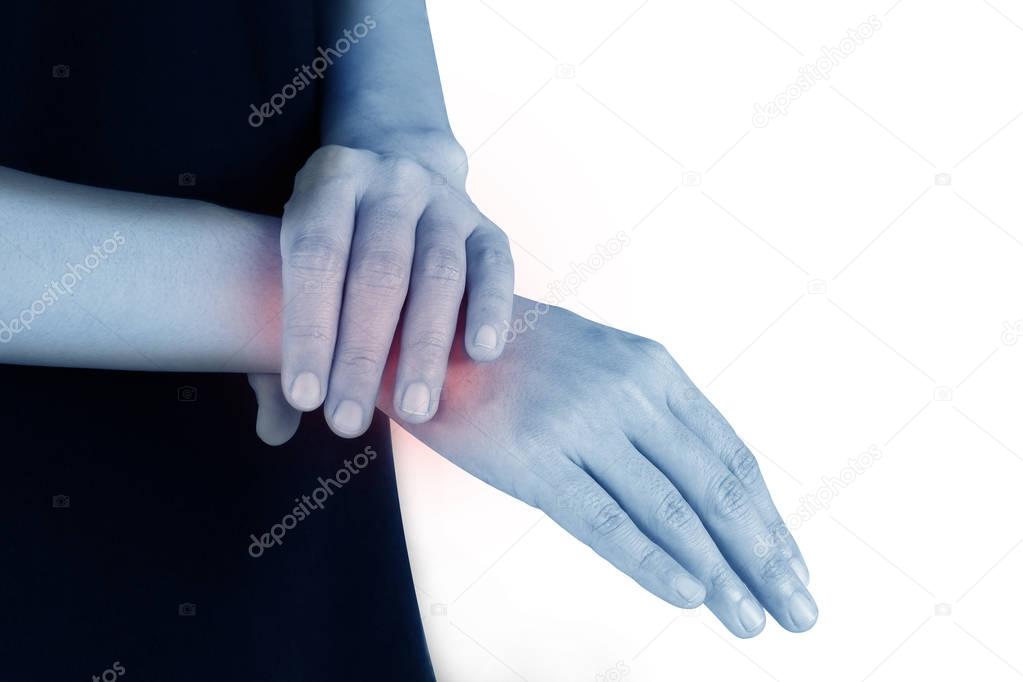 women has inflammation and swelling cause a pain the sore wrist, isolated on white background.