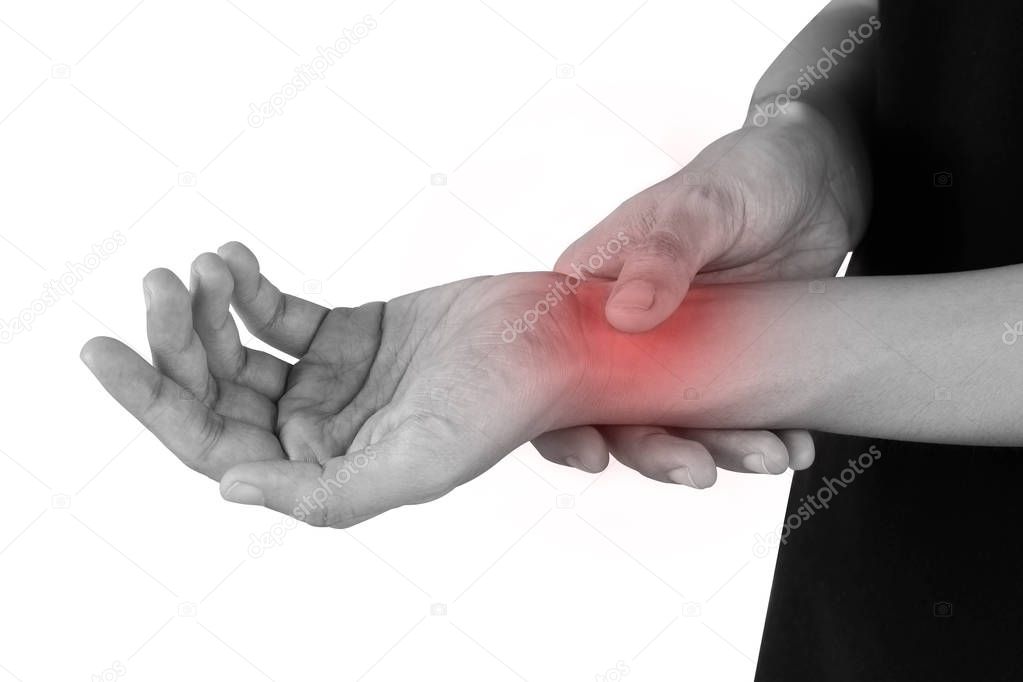 women has inflammation and swelling cause a pain the sore wrist, isolated on white background.