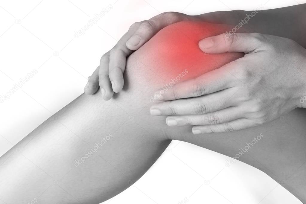 women has inflammation and swelling cause a pain the sore knee, isolated on white background.