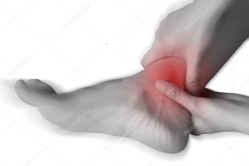 women has inflammation and swelling cause a pain the sore ankle, isolated on white background.