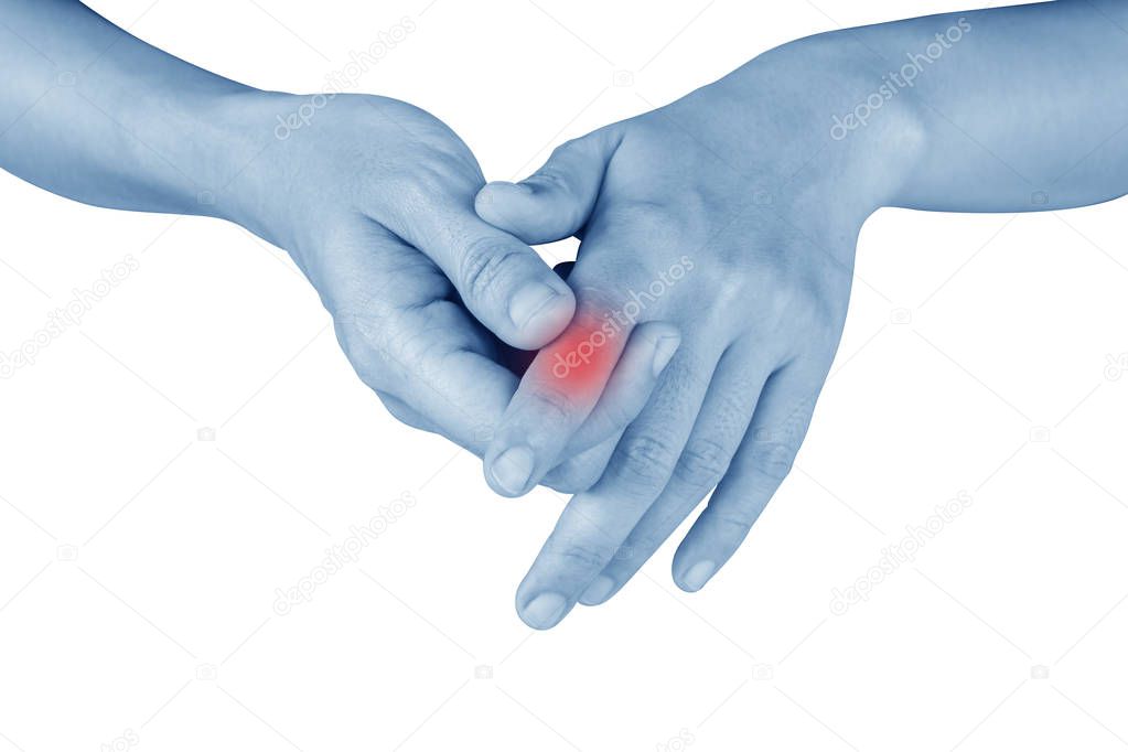 women has inflammation and swelling cause a pain the Injured painful finger, isolated on white background.