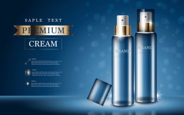 Yıllık indirimli yüz kremi ya da festival satışı için. Işıltılı parçacıkların arka planında izole edilmiş mavi ve altın rengi krema şişesi. Zarif kozmetik reklamları, illüstrasyon.
