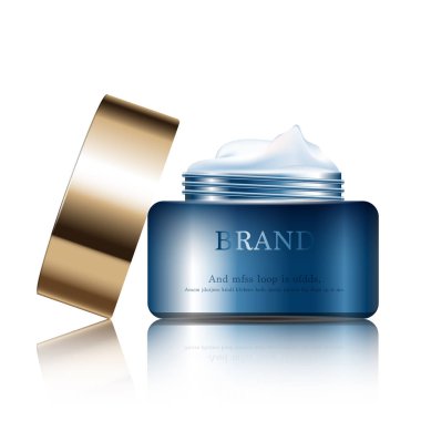 Yıllık indirimli yüz kremi ya da festival satışı için. Işıltılı parçacıkların arka planında izole edilmiş mavi ve altın rengi krema şişesi. Zarif kozmetik reklamları, illüstrasyon.