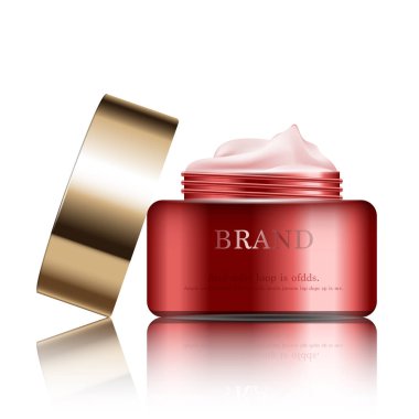 Yıllık satış veya festival satış için nemlendirici yüz kremi. Glitter parçacıklar arka plan üzerinde izole kırmızı ve altın krem maske şişe. Zarif kozmetik reklamları, illüstrasyon.