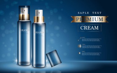 Yıllık indirimli yüz kremi ya da festival satışı için. Işıltılı parçacıkların arka planında izole edilmiş mavi ve altın rengi krema şişesi. Zarif kozmetik reklamları, illüstrasyon.