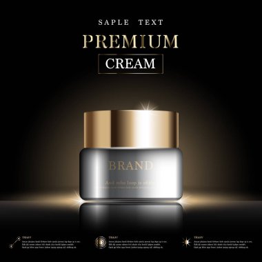 Yıllık indirimli yüz kremi ya da festival satışı için. Işıltılı parçacıkların arka planında izole edilmiş gümüş ve altın rengi maske şişesi. Zarif kozmetik reklamları, illüstrasyon.